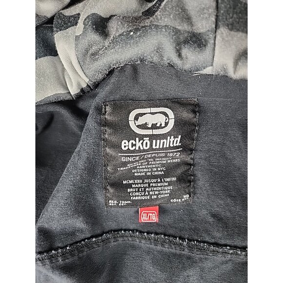 Ecko Unltd Denim Jacket Men's XL Black Button Up Camo Hood Grunge Rhino Y2K - Picture 5 of 16